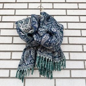 Boho Yak Wool Shawl Scarf Wrap Fringe Tibet Handloom Blue Green Paisley Festival